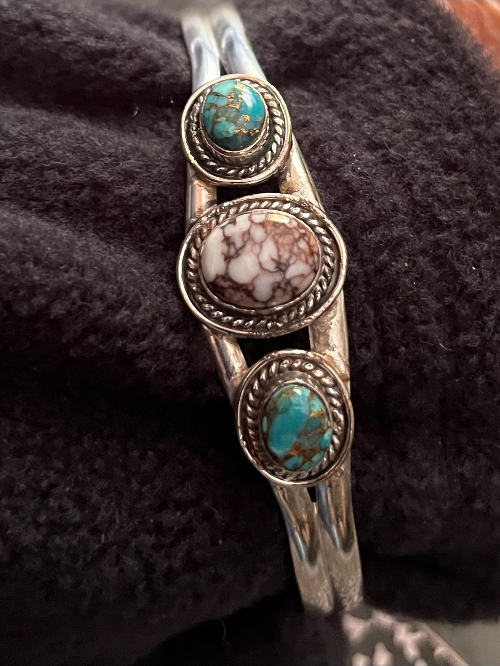 Sterling Turquoise and Wild Horse Triple-Stone Cuff Bracelet